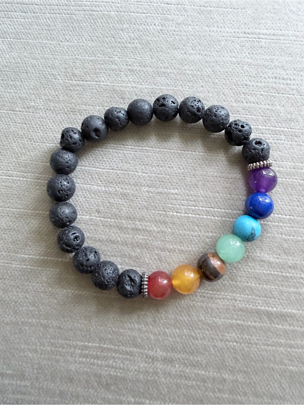 Black Lava and Multicolor Chakra Bead Stretch Bracelet